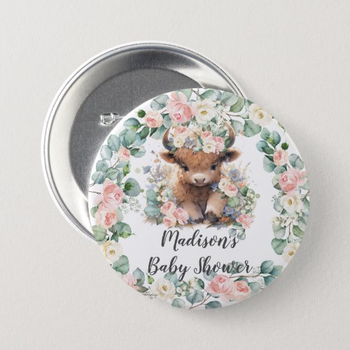 Floral Greenery Highland Cow Baby Shower Birthday Button