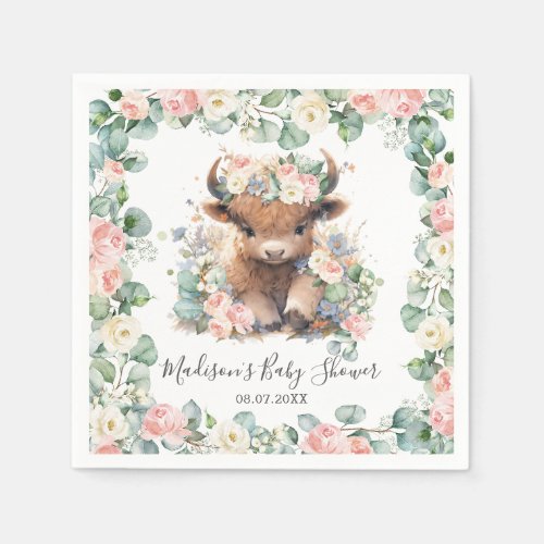 Floral Greenery Highland Cow Baby Shower Birthday Napkins