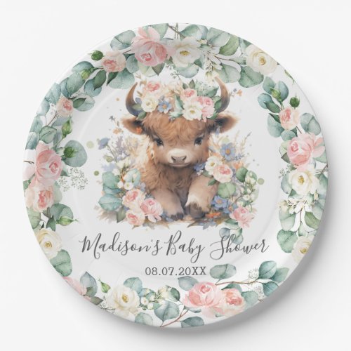 Floral Greenery Highland Cow Baby Shower Birthday Paper Plates