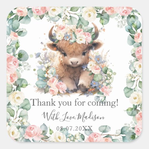 Floral Greenery Highland Cow Baby Shower Birthday Square Sticker