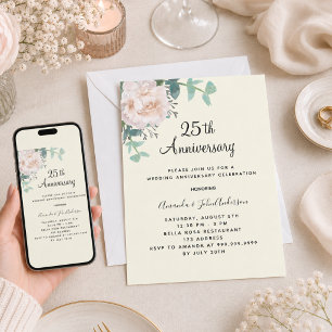 Floral greenery ivory 25th wedding anniversary invitation