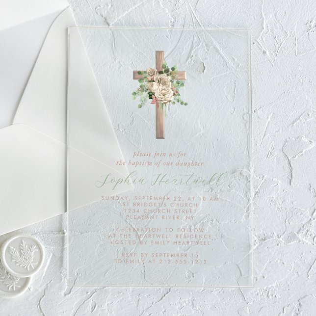 Floral Greenery Ivory Rose Gold Cross Girl Baptism Acrylic Invitations (Creator Uploaded)