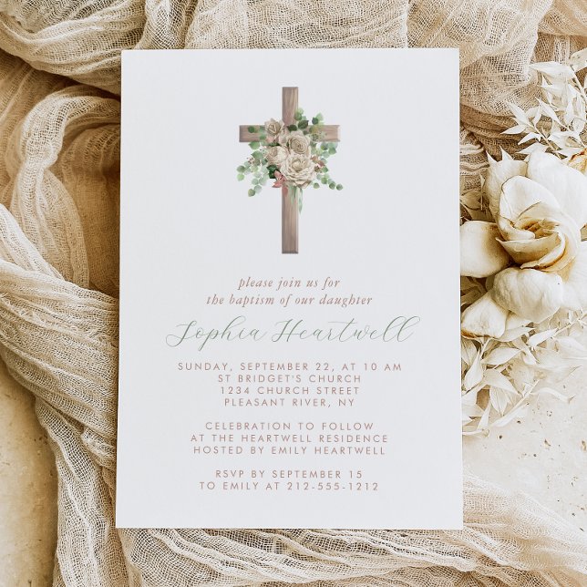 Floral Greenery Ivory Rose Gold Cross Girl Baptism Invitation (Creator Uploaded)