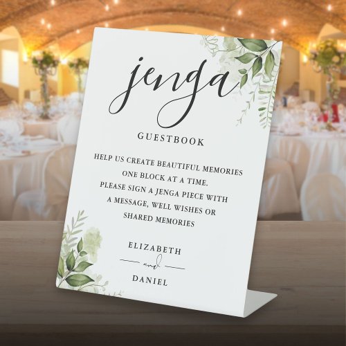 Floral Greenery Jenga Wedding Guestbook Pedestal Sign