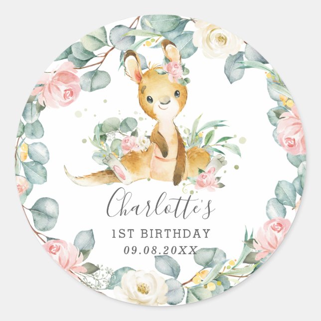 Floral Greenery Kangaroo Shower Birthday Favor Classic Round Sticker (Front)