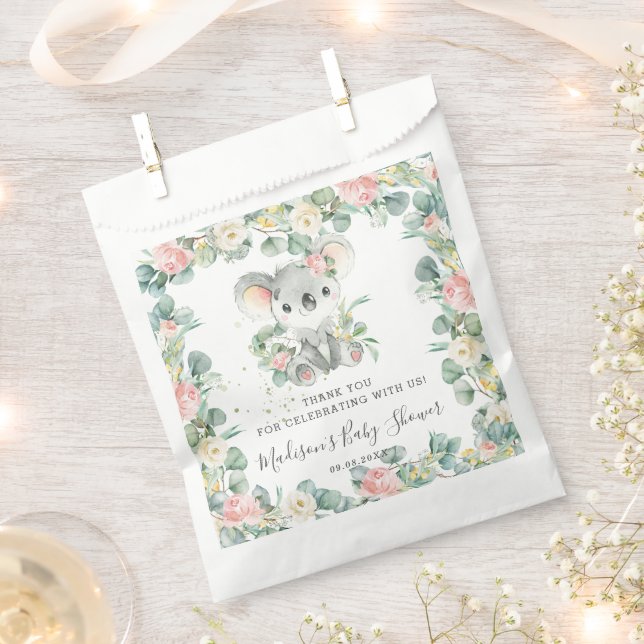 Floral Greenery Koala Baby Girl Shower Birthday Favor Bag (Clipped)