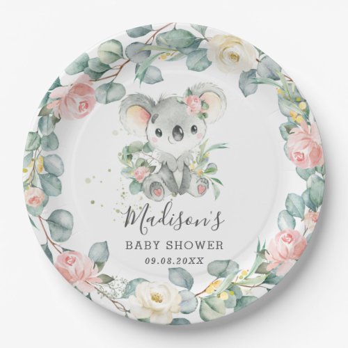 Floral Greenery Koala Baby Girl Shower Birthday Paper Plates
