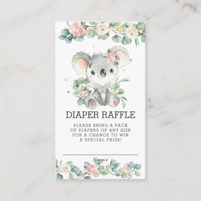 Floral Greenery Koala Baby Shower Diaper Raffle Enclosure Card (Front)