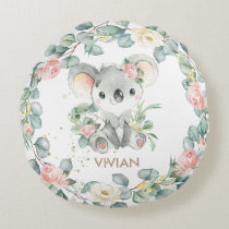 Floral Greenery Koala Girl Nursery Bedroom Decor Round Pillow