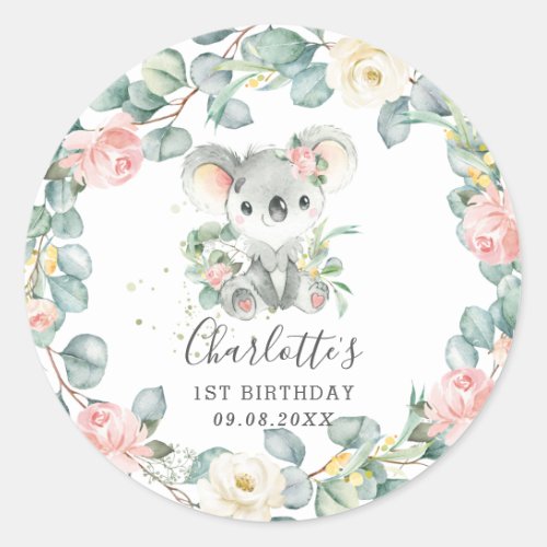 Floral Greenery Koala Girl Shower Birthday Favor Classic Round Sticker