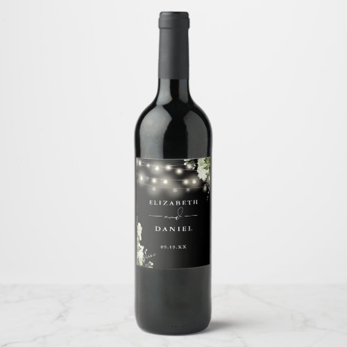 Floral Greenery Lights Black And White Wedding Wine Label