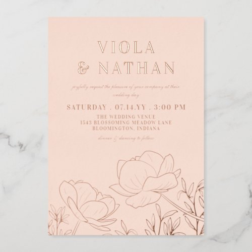 Floral Greenery Line Art Blush  Rose Gold Wedding Foil Invitation