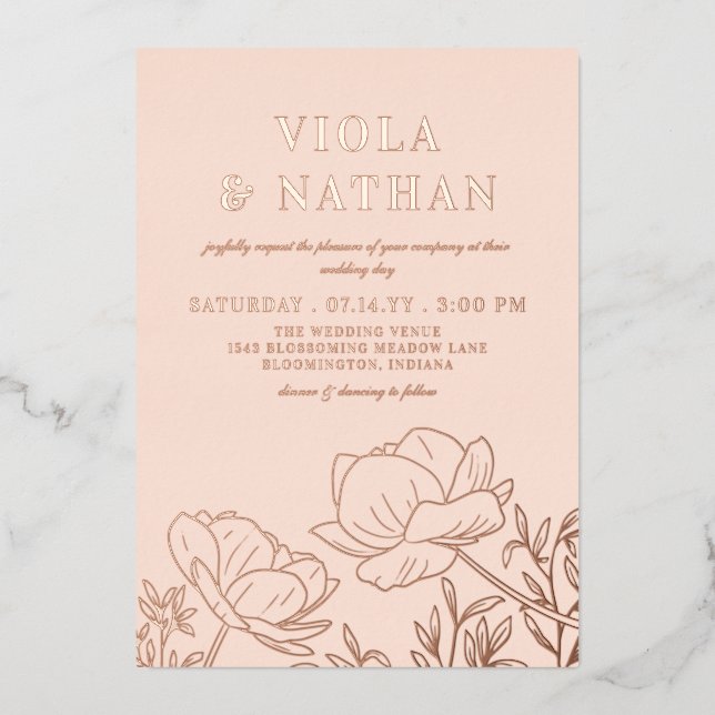 Floral Greenery Line Art Blush & Rose Gold Wedding Foil Invitation (Front)