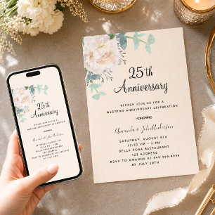 Floral greenery linen 25th wedding anniversary invitation