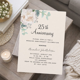 Floral greenery linen 25th wedding anniversary invitation