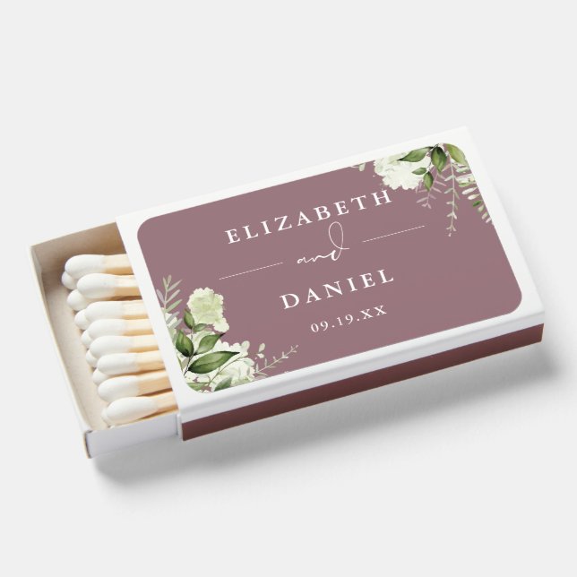 Floral Greenery Mauve Wedding Favors Matchboxes (Front Open)
