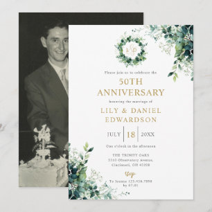 Floral Greenery Monogram 50th Wedding Anniversary Invitation