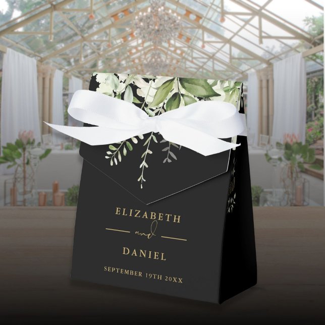 Floral Greenery Monogram Black And Gold Wedding Favor Boxes (Floral Greenery Monogram Black And Gold Wedding Favor Boxes)