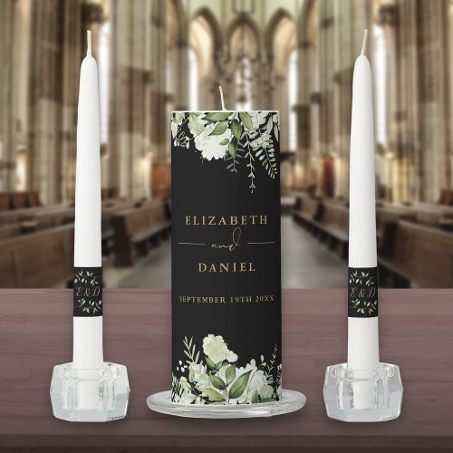 Floral Greenery Monogram Black And Gold Wedding Unity Candle Set