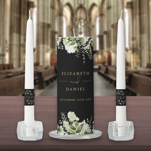 Floral Greenery Monogram Black And Gold Wedding Unity Candle Set (Floral Greenery Monogram Black And Gold Wedding Unity Candle Set)