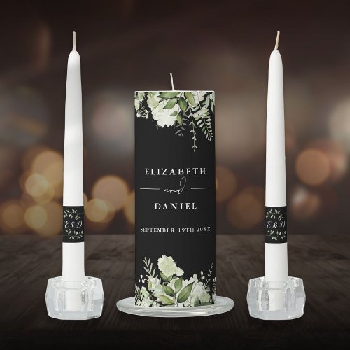 Floral Greenery Monogram Black And White Wedding Unity Candle Set