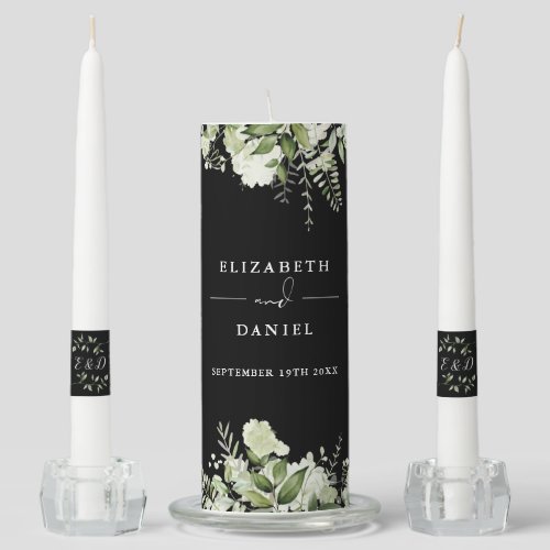 Floral Greenery Monogram Black And White Wedding Unity Candle Set