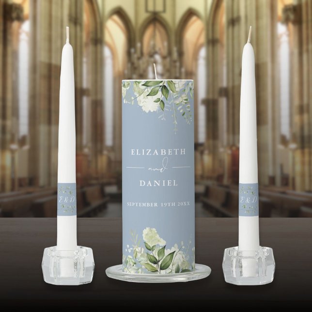 Floral Greenery Monogram Dusty Blue Wedding Unity Candle Set (Floral Greenery Monogram Dusty Blue Wedding Unity Candle Set)