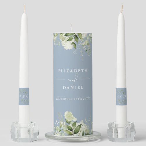 Floral Greenery Monogram Dusty Blue Wedding Unity Candle Set