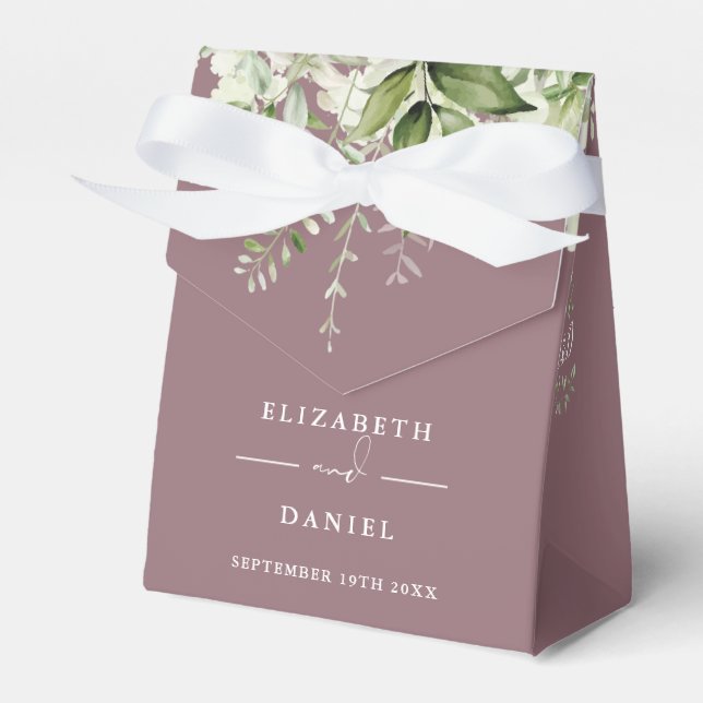 Floral Greenery Monogram Mauve Wedding Favor Boxes (Front Side)