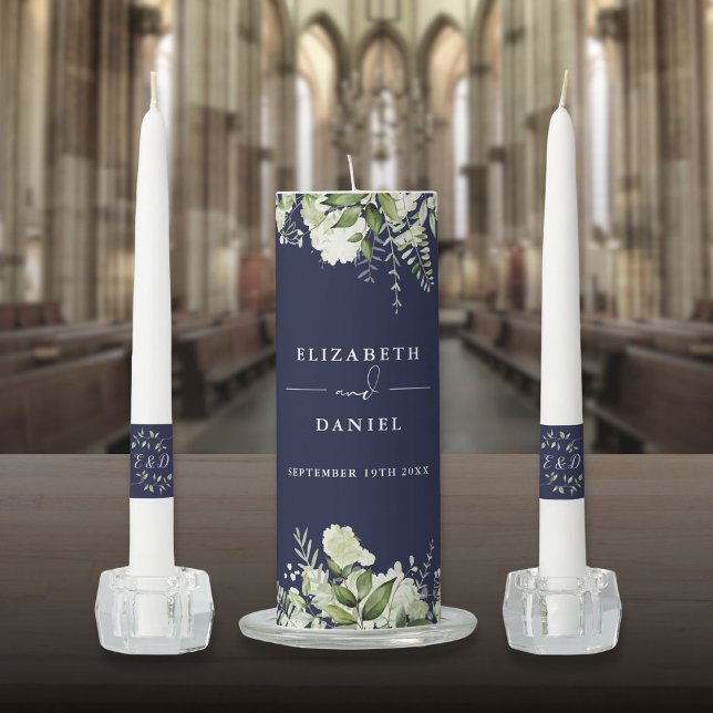 Floral Greenery Monogram Navy Blue Wedding Unity Candle Set (Floral Greenery Monogram Navy Blue Wedding Unity Candle Set)