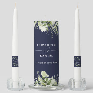 Floral Greenery Monogram Navy Blue Wedding Unity Candle Set