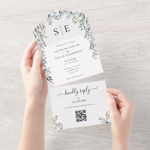 Floral Greenery Monogram QR Code Wedding All In One Invitation
