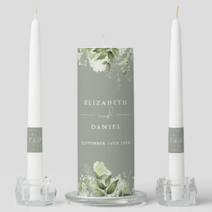 Floral Greenery Monogram Sage Green Wedding Unity Candle Set