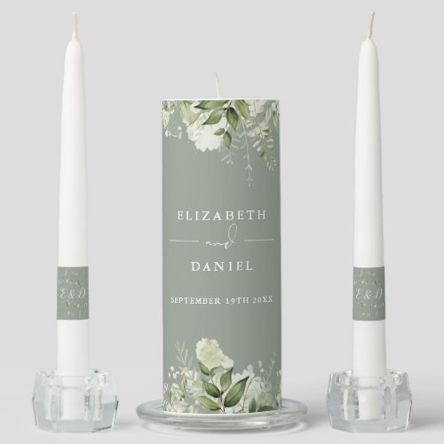 Floral Greenery Monogram Sage Green Wedding Unity Candle Set