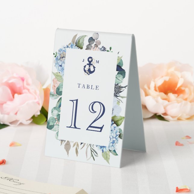 Floral Greenery Navy Anchor Monogram Beach Wedding Table Tent (In SItu (Wedding))