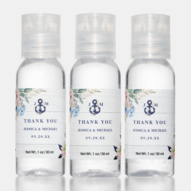 Floral Greenery Navy Anchor Monogram Wedding Hand Sanitizer (Set)