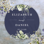 Floral Greenery Navy Blue Wedding Favor Classic Round Sticker<br><div class="desc">Elegant navy blue floral greenery sticker personalized with your names and special date. Designed by Thisisnotme©</div>