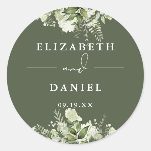 Floral Greenery Olive Green Wedding Favor Classic Round Sticker