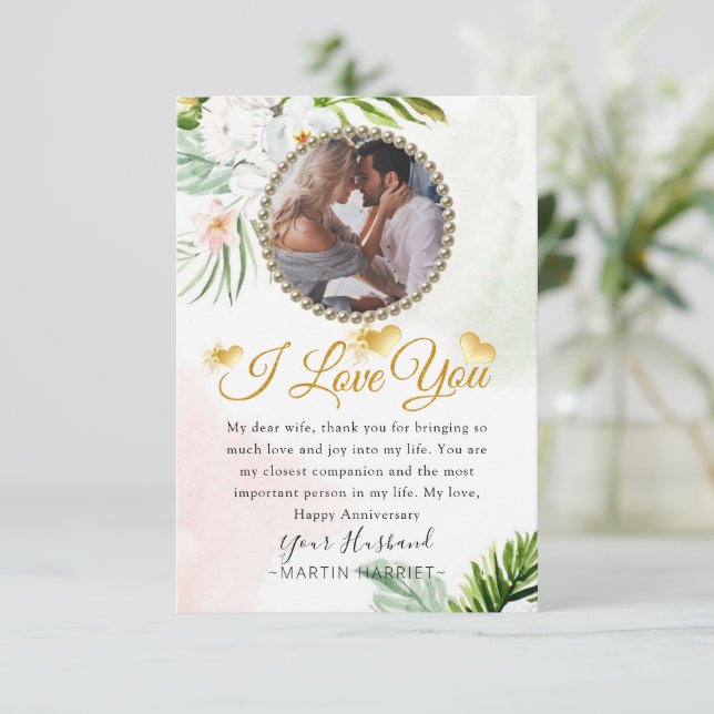Floral Greenery Photo Wife Anniversary Card (Standing Front)