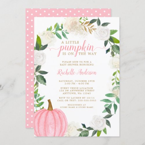 Floral Greenery Pink Pumpkin Fall Girl Baby Shower Invitation