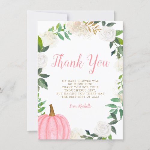 Floral Greenery Pink Pumpkin Fall Girl Baby Shower Thank You Card