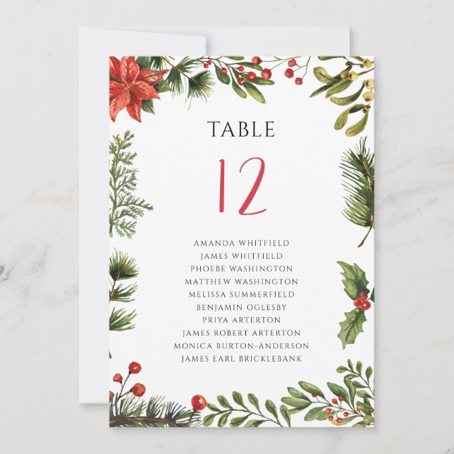 Floral Greenery Poinsettia Wedding Table Number 12 (Front)