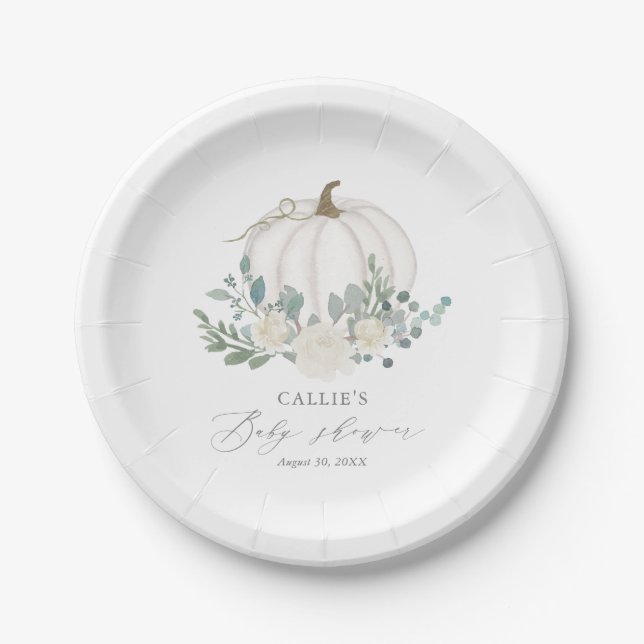 Floral Greenery Pumpkin Baby Shower Paper Plates (Front)