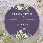 Floral Greenery Purple Wedding Favor Classic Round Sticker<br><div class="desc">Elegant purple floral greenery sticker personalized with your names and special date. Designed by Thisisnotme©</div>
