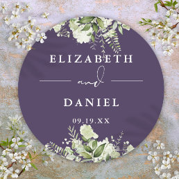 Floral Greenery Purple Wedding Favor Classic Round Sticker