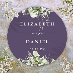 Floral Greenery Purple Wedding Favor Classic Round Sticker