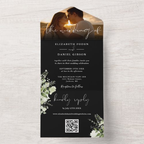 Floral Greenery QR Code Script Wedding Photo All In One Invitation