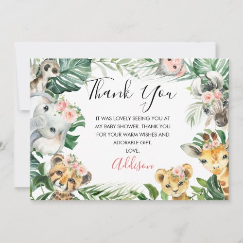 Floral Greenery Safari Baby Shower Thank You Card - Floral Greenery Safari Baby Shower Thank You Card

Sweet safari animals baby shower thank you card featuring seven jungle animals, some pink floral arrangements and a foliage or greenery edging.  A sweet way to thank guests for coming to your baby girl's safari themed baby shower. 