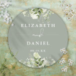 Floral Greenery Sage Green Wedding Favor Classic Round Sticker<br><div class="desc">Elegant sage green floral greenery sticker personalized with your names and special date. Designed by Thisisnotme©</div>
