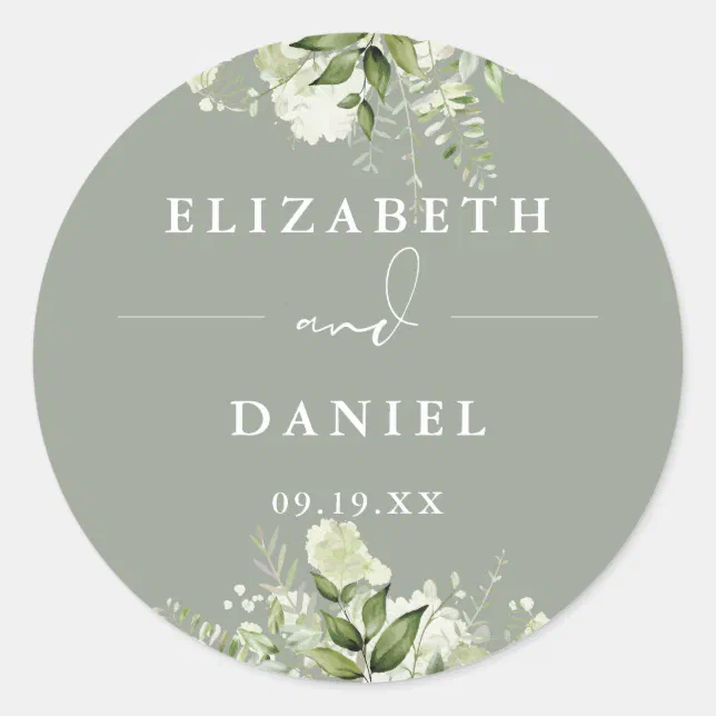 Floral Greenery Sage Green Wedding Favor Classic Round Sticker | Zazzle